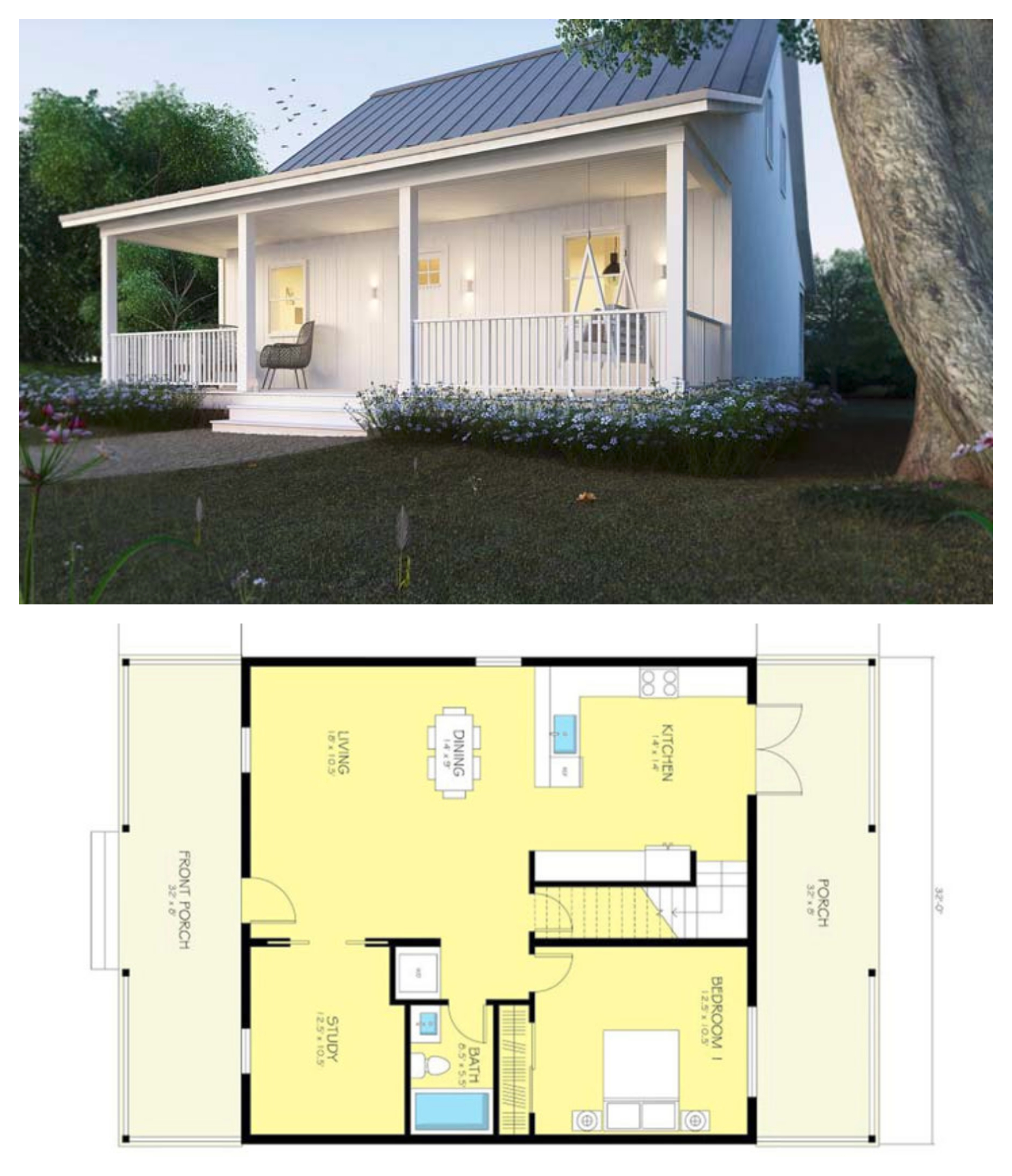 Small Metal House Cottage With Open Front Porch With Plans