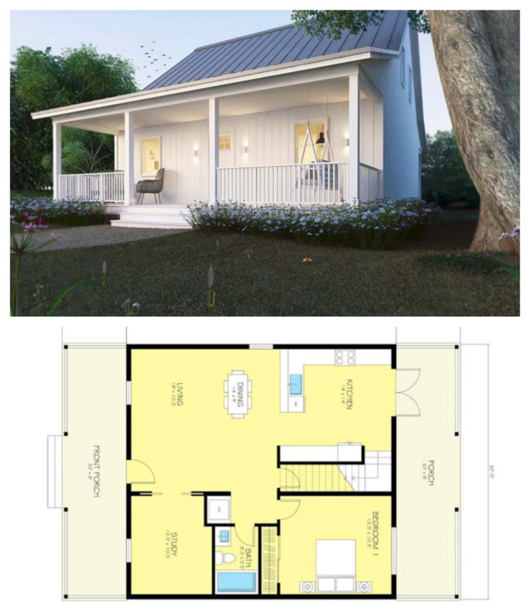 Small Metal House Cottage with Open Front Porch Plans