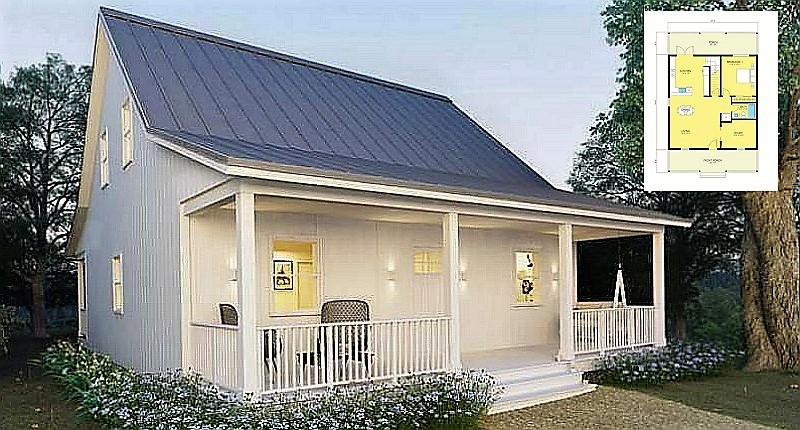 A Small Metal House Cottage with an Open Front Porch (with Plans)
